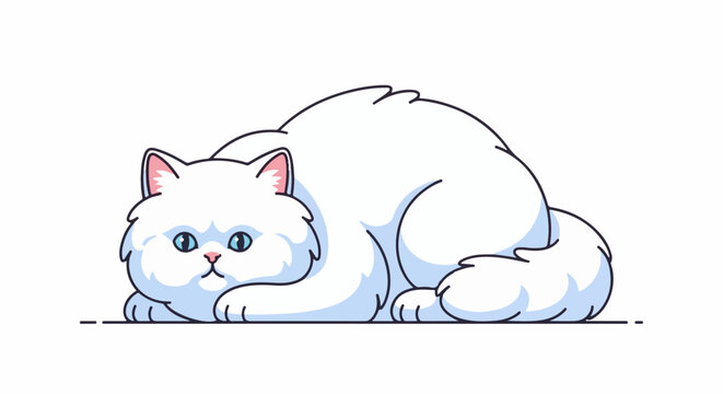 A fluffy white cat with blue eyes lounges on a thin black line