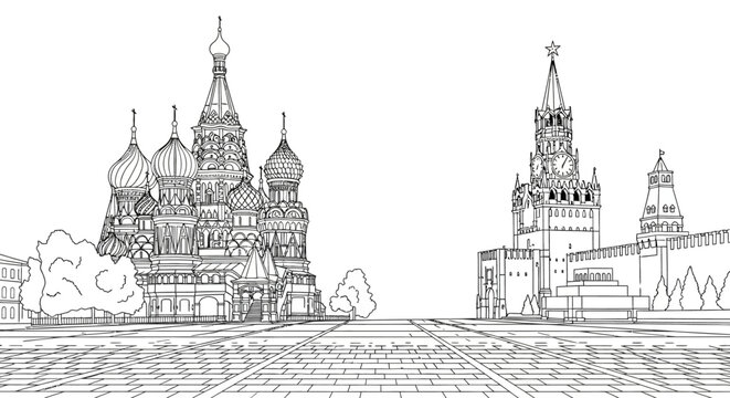 Iconic Moscow Landmarks Sketch with Saint Basil and Kremlin.
