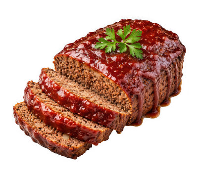 Sliced homemade meatloaf with tomato glaze and parsley garnish isolated on transparent background