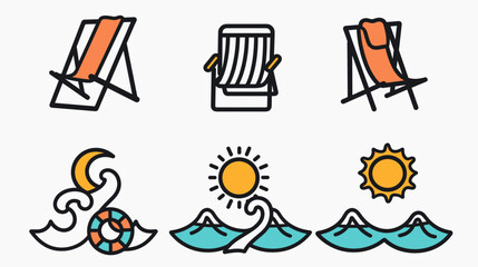 Fototapeta premium Cozy Beach Scene with Deckchairs and Sun Over Waves at a Tropical Resort