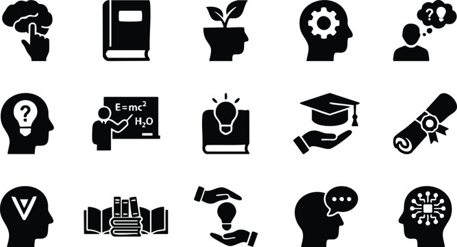 Education and human mind icon set, solid black silhouettes of learning, psychology, intelligence, graduation, training, and creative logic vector concepts