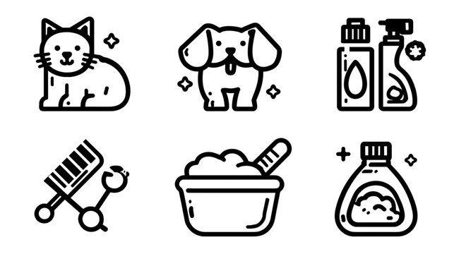 Cute Cat and Dog Surrounded by Grooming Products and Bathing Accessories on Clean Background