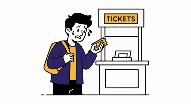 Frustrated man buying ticket at ticket booth counter.