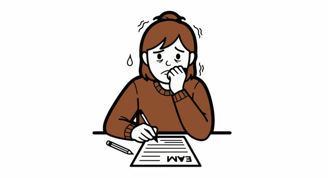 Stressed student struggling with difficult exam questions.