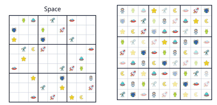 Space sudoku puzzle with cosmic icons, logical thinking and educational game for children
