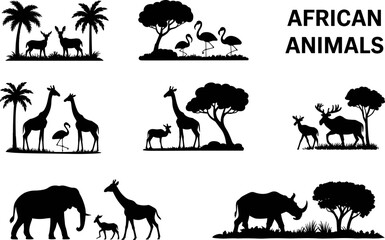 African wildlife silhouette set featuring animals with trees and savanna scenes including giraffe elephant rhino deer flamingo for nature design projects © MdMotahar