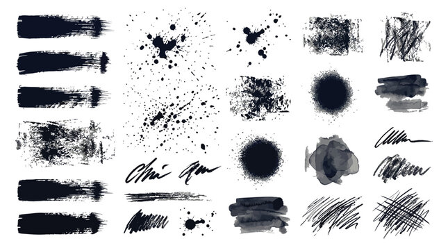 Collection of diverse black ink brush strokes and paint splatters for creative graphic design projects