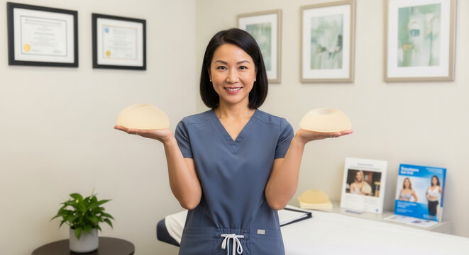 Smiling Asian female doctor presenting two silicone breast implants, emphasizing shape difference for patient education and plastic surgery consultation