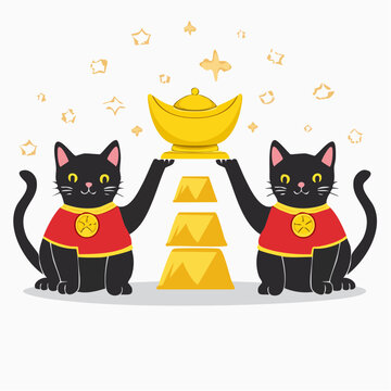 Two Black Cats Holding Gold Ingots and a Treasure Bowl