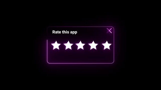 neon app rating popup animation with glowing five star review.