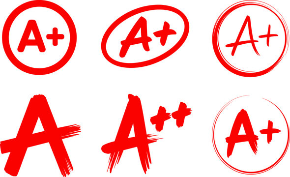 A plus grade icons set with red marks, handwritten and circled score symbols for education evaluation isolated on clean background
