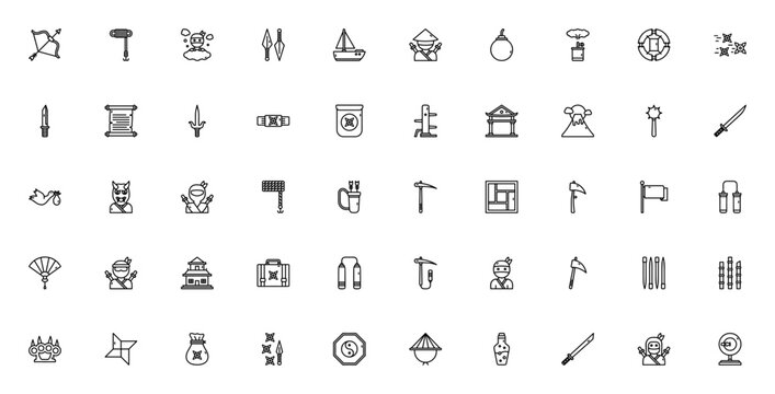 Ninja icon set. Minimal icons. Featuring archery, kunai, shuriken, sword, nunchaku, katana, bomb, smoke bomb, scrolls, headband, fan, dojo, weapon, poison, target and more. Editable stroke.