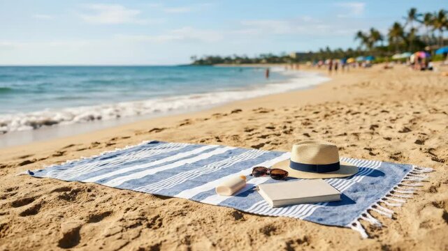Beach towel spread on hot sand with generous copy space, summer vacation relaxation and sunbathing concept for product placement, resort branding and seasonal advertising, blurred shoreline, warm
