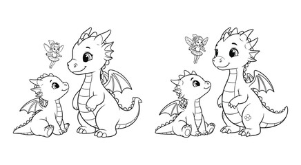 Obraz premium Cute baby dragons and small fairies line art coloring page