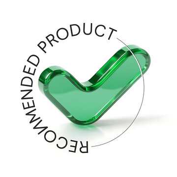 Elegant approved icon with glossy green finish and text &ldquo;RECOMMENDED PRODUCT&rdquo;, modern realistic badge illustration