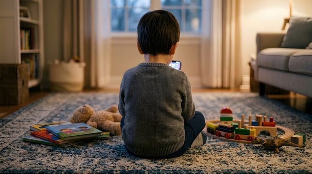 A young child sits cross-legged on a patterned rug, engrossed in a smartphone, surrounded by toys and books in a cozy living room setting.
