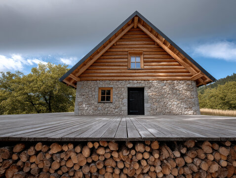 Rustic cabin stone wall wooden log exterior triangular roof countryside landscape serene natural peaceful outdoor architecture