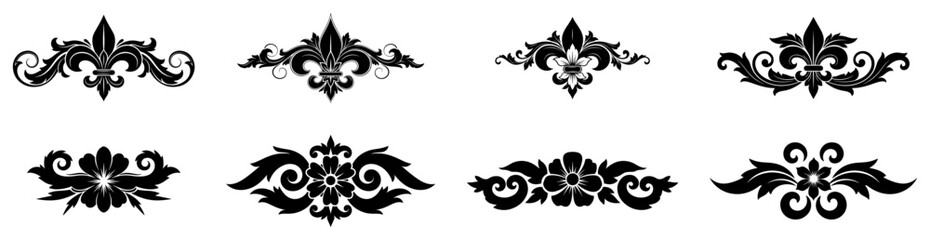Fleur de lis ornaments and decorative floral flourishes set in classic baroque style © OnlyVector