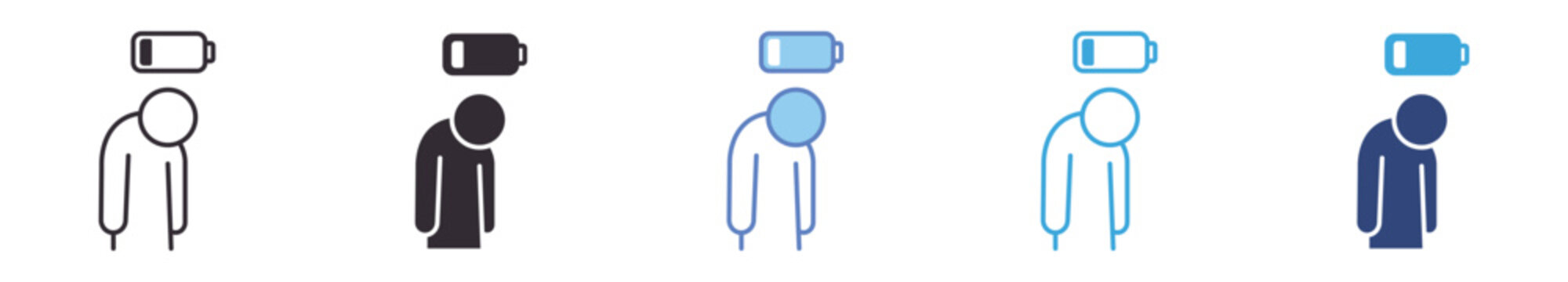 Low Battery Energy Icon Set , exhausted person with battery symbol, fatigue status, energy level vector icons
