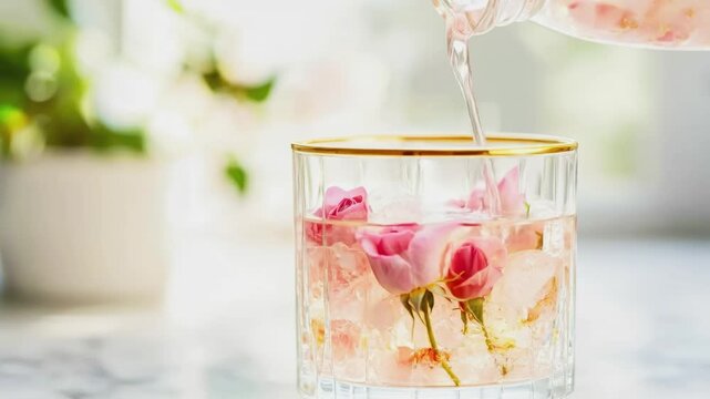Pouring pink rose sharbat into gold-rimmed crystal glass with rose buds and ice on marble surface