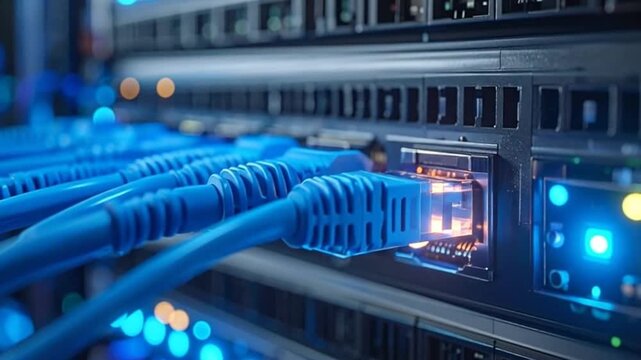 Blue network cables connected to a server in a data center environment
