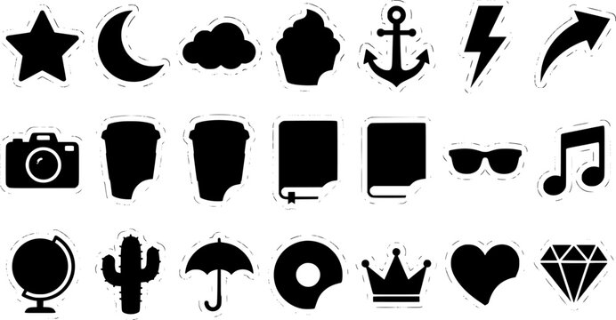 Sticker And Icon Set Featuring Star Moon Camera Coffee Cup Crown And Heart Symbols Vector Layout