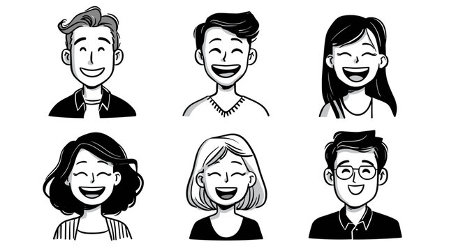 Diverse Group of Six Smiling Characters in Black and White Illustration with Joyful Expressions
