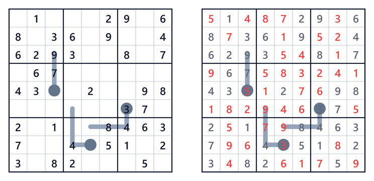 Printable Thermo Sudoku brain teaser game layout with solution, isolated on a white background.