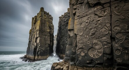 Obraz premium Ancient Stone Cliffs With Ammonite Fossils Along The Rugged Coastline