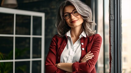 Fototapeta premium Confident Mature Businesswoman with Gray Hair in Modern Office, Showcasing Leadership Skills