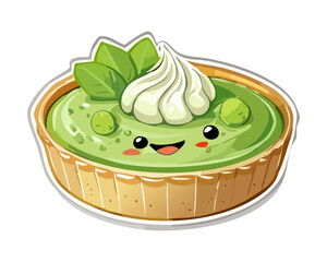 Adorable smiling green matcha tart character with mint leaf topping Vector Illustration © powdesign