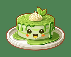Adorable green matcha cupcake character with mint leaf topping green Vector Illustration © powdesign