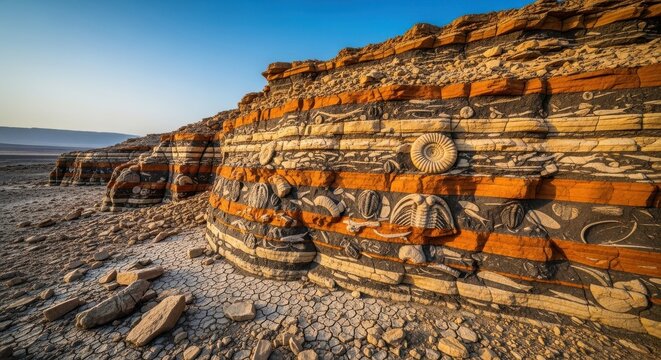 Fossil-rich sedimentary cliffs showcasing ancient ammonites and trilobites