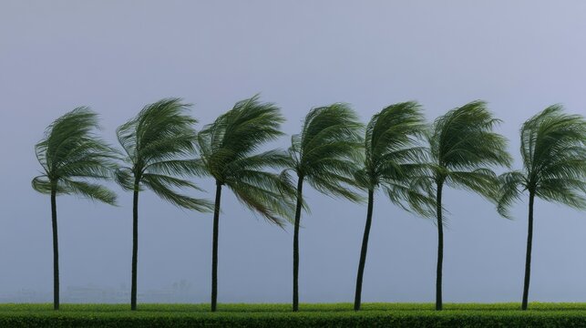 A line of palm trees sway violently in a strong wind