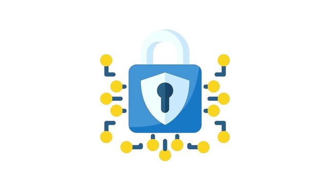 Padlock shield icon illustrated in a flat vector design style with floating yellow dots.