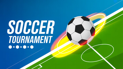 Obraz premium A soccer ball flies through a colorful streak on a green soccer field with white lines