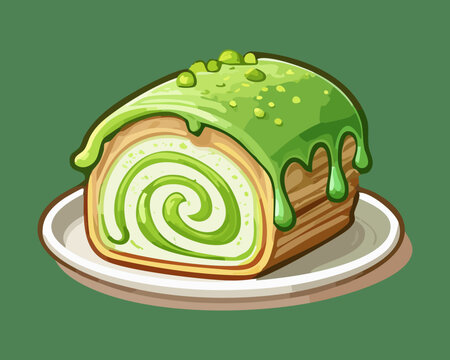 Kawaii green tea swiss roll cake slice smiling face delicious cream filled sponge pastry bakery shop dessert graphic - Vector Illustration