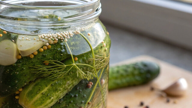 Close-up pickles in brine with bubbles, dill, garlic, mustard seeds, glass jar texture, natural light