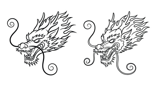 Two hand drawn dragon head illustrations in black ink style