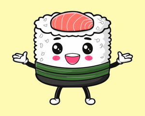 Cute california sushi roll character with crab stick topping and happy smiling face on yellow background - Vector Illustration © powdesign