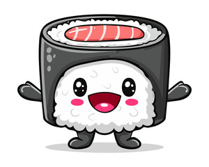 Adorable salmon sushi roll character with seaweed wrap and happy face expression for japanese restaurant menu - Vector Illustration © powdesign