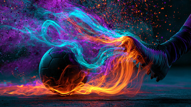 Gros plan sur le pied d'un footballeur frappant un ballon sur du b&eacute;ton. Explosion dynamique de poudre n&eacute;on multicolore (cyan, violet, orange) et poussi&egrave;re color&eacute;e au point d'impact