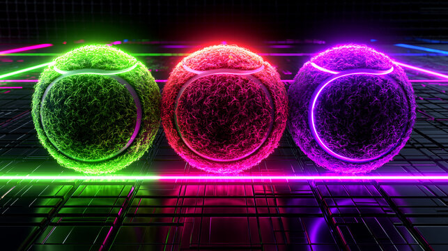 Trois balles de tennis &eacute;mettant du vert &eacute;lectrique, du rose vif et du violet sont pos&eacute;es sur une ligne n&eacute;on brillante. Sol futuriste sombre aux lignes g&eacute;om&eacute;triques et arri&egrave;re-plan fluo
