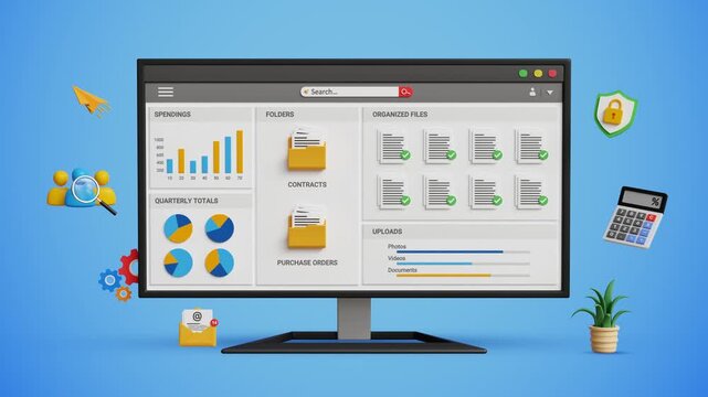 Digital Document Management System Concept. DMS. Organizing Documentation Workflow. Secure Cloud Storage. Project Planning, Files Sharing. Organized Documents Workflow on Computer Screen. 4K 3D Video