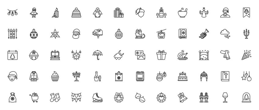 Christmas icon set. Vector illustration. Featuring garland, Santa Claus, Christmas candy, beanie, penguin, present, acorn, wine, hot soup, angel, sleigh, bauble, mistletoe, mailbox, snowplow, stars, s