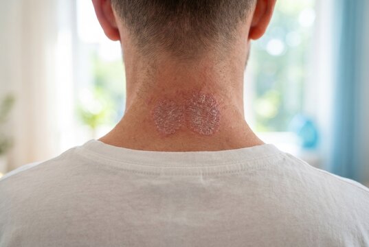 Close-up of the back of a man's neck showing a red patch of dry, flaky skin with psoriasis