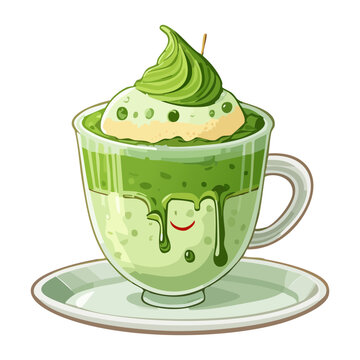 Smiling matcha latte cup character with double layered cream topping for trendy bubble tea cafe menu decoration - Vector Illustration
