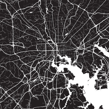 Baltimore Maryland Vector Map, Detailed City Street Map Black and White Minimalist Line Art