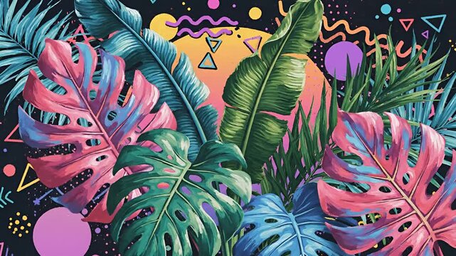 Vibrant Tropical Jungle Leaves with Abstract Memphis Patterns.