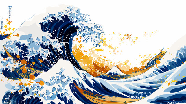 Dynamic Wave Form in Shades of Blue and Gold Capturing the Power of the Ocean Tide